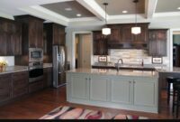 Dark brown kitchen cabinets, grey island contrast  Dark brown