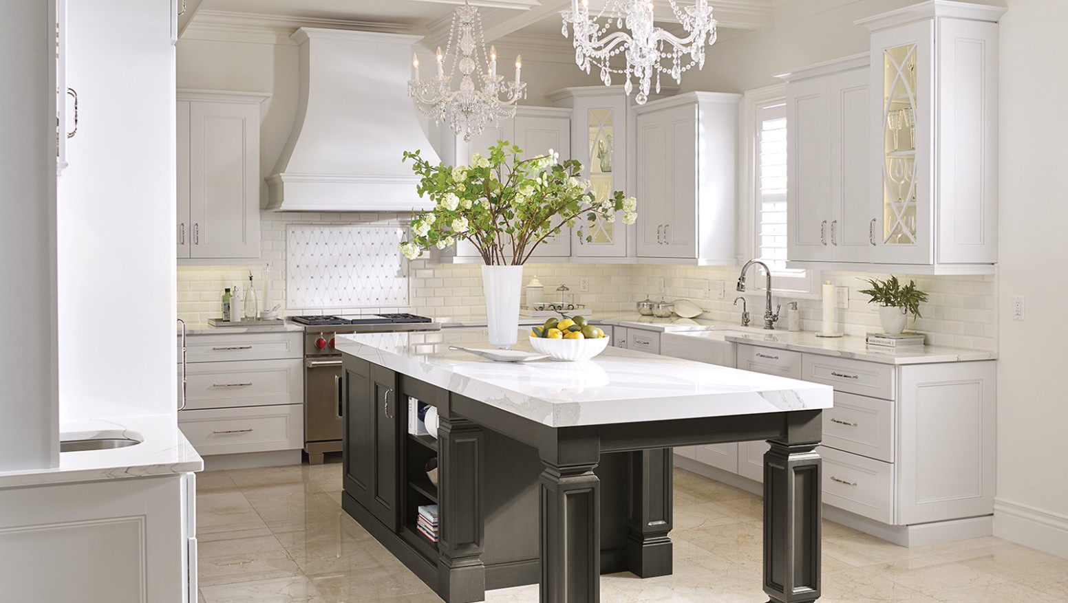 White Kitchen Cabinets with a Dark Grey Island - Omega